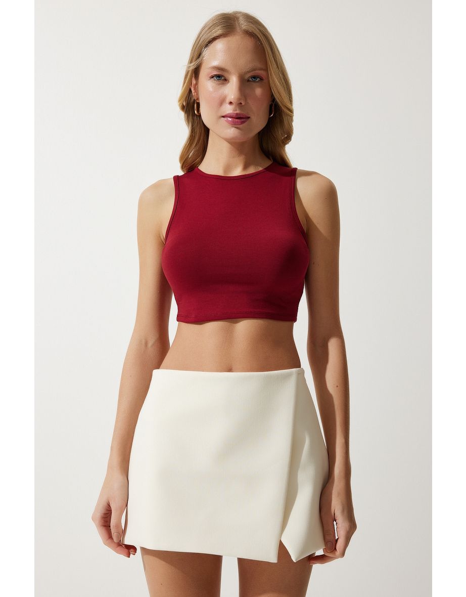 Women's Burgundy Halter Neck Crop Knitted Blouse