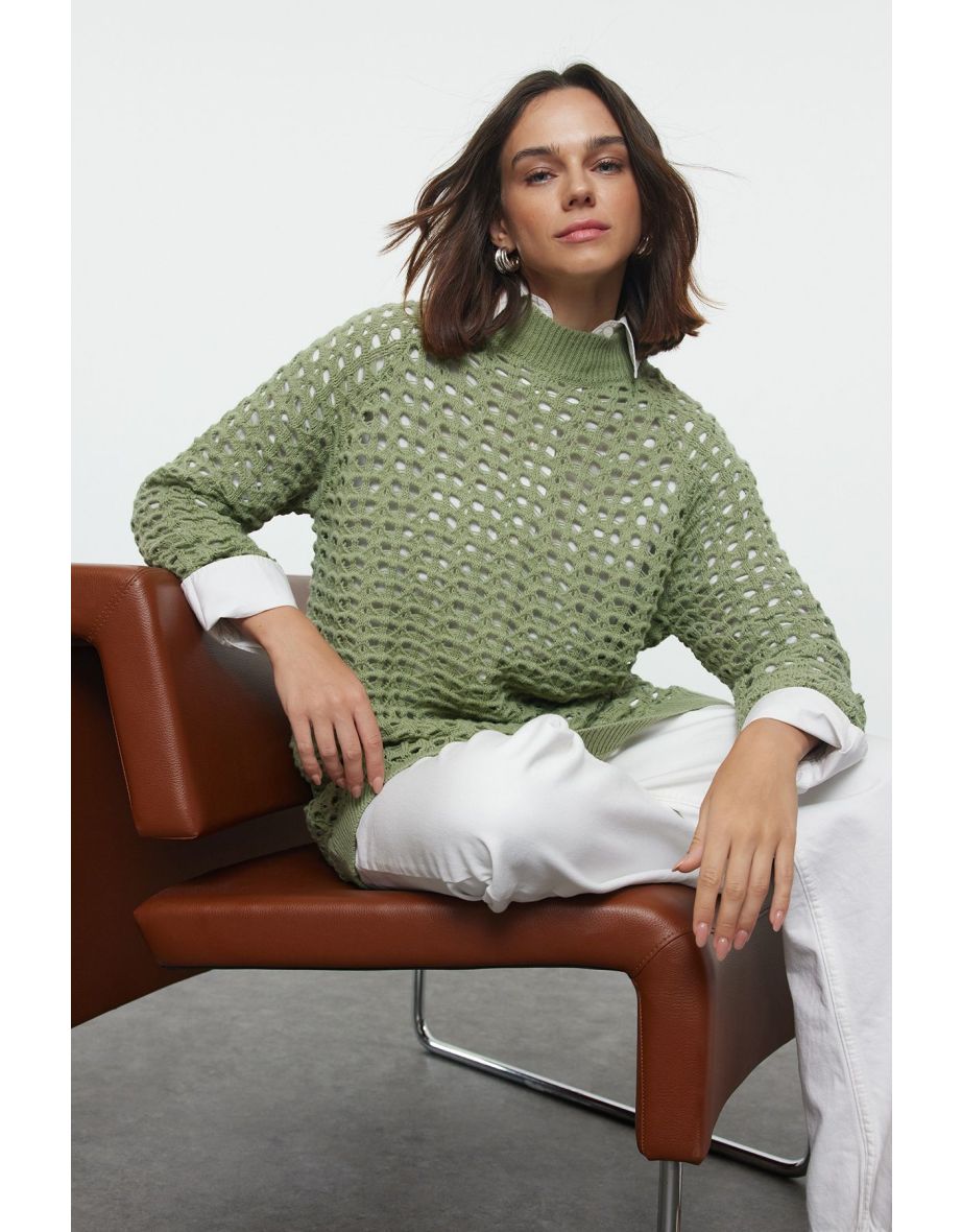 Light Khaki Openwork/Hole Knitwear Sweater