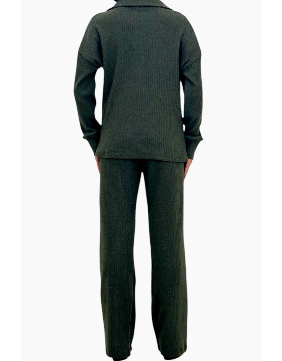 Women's Khaki Polo Neck Top and Palazzo Pants Knitwear Bottom Top Set - 3