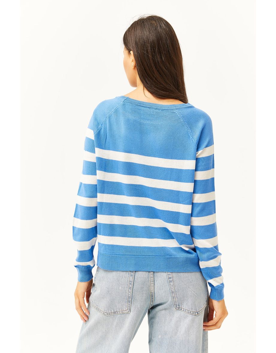 Women's Blue White Crew Neck Cotton Viscose Knitwear Blouse - 3