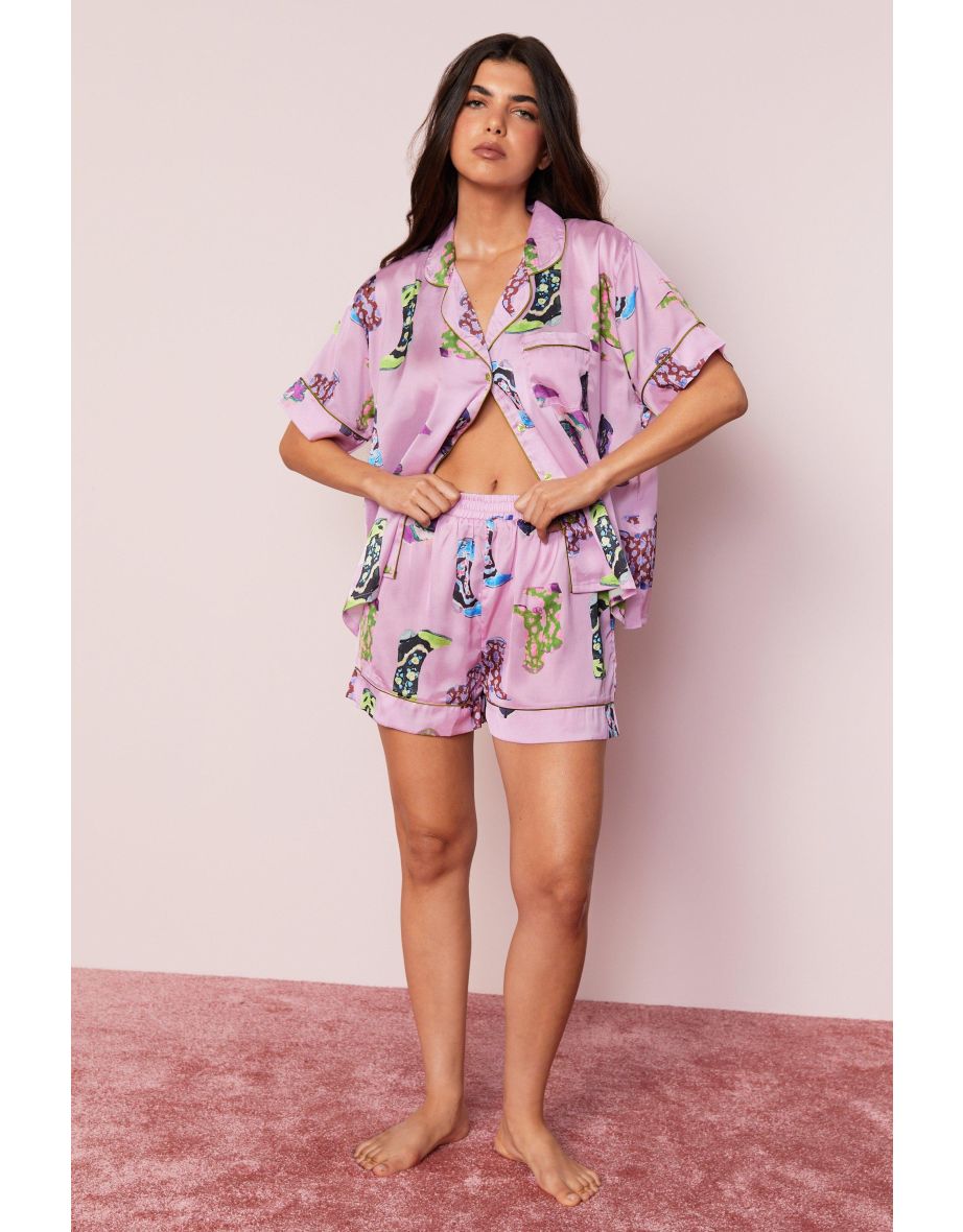 Satin Cowboy Boots Pajama Shorts Set
