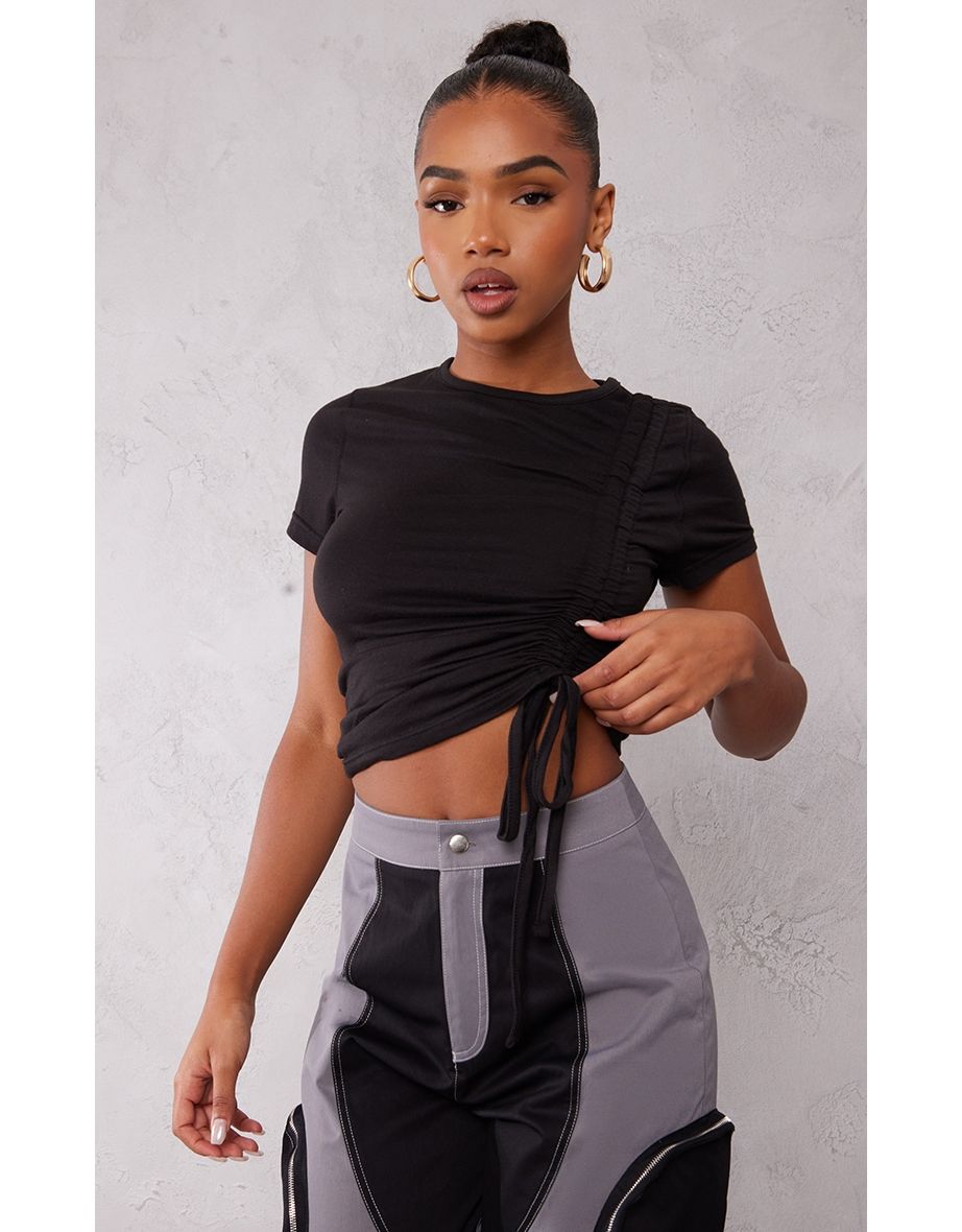 Black Asymmetric Ruched Drawstring T Shirt