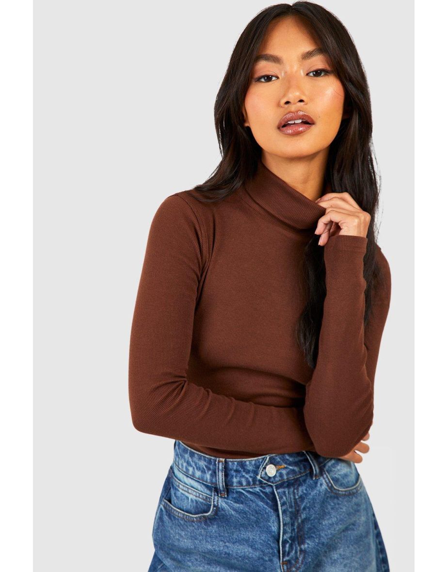 Basic Rib Roll Neck Long Sleeve Bodysuit - chocolate - 3