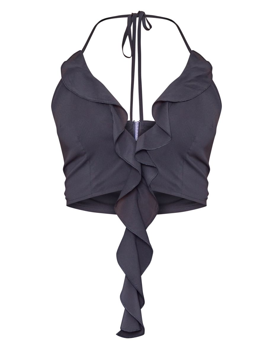 Black Woven Ruffle Front Halterneck Top - 4