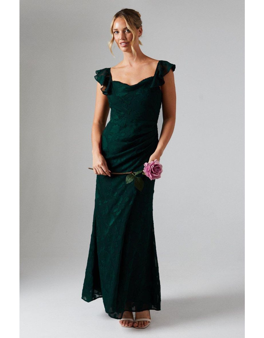Floral Detail Fabric Ruche Front Bridesmaids Dress