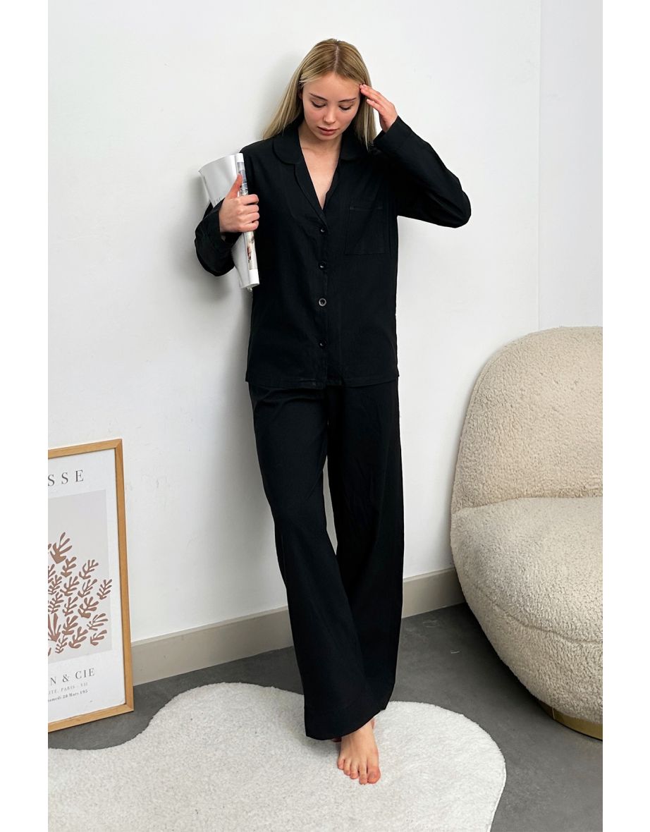 Women's Black Single Pocket Woven Pajamas Suit
