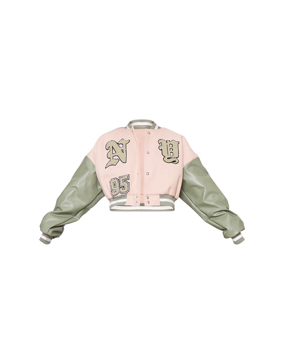 Cream Faux Leather Contrast Sleeve Graphic Bomber Jacket - 4