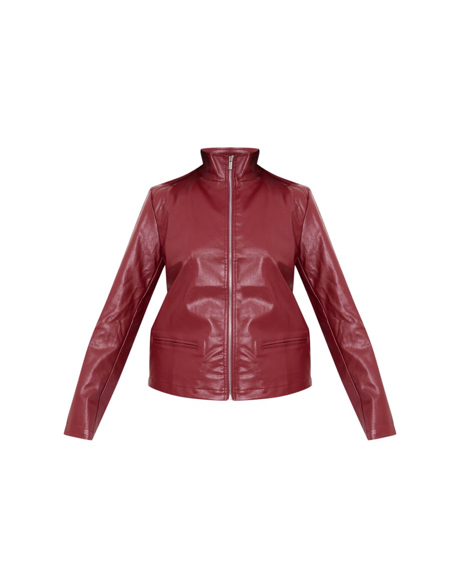 Cherry Red Faux Leather Longline Zip Up Jacket - 4