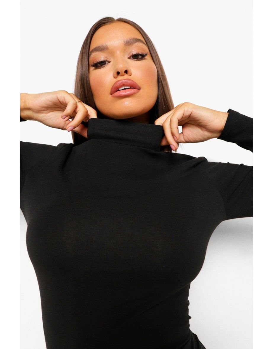 Basic High Neck Long Sleeve Playsuit - black - 3