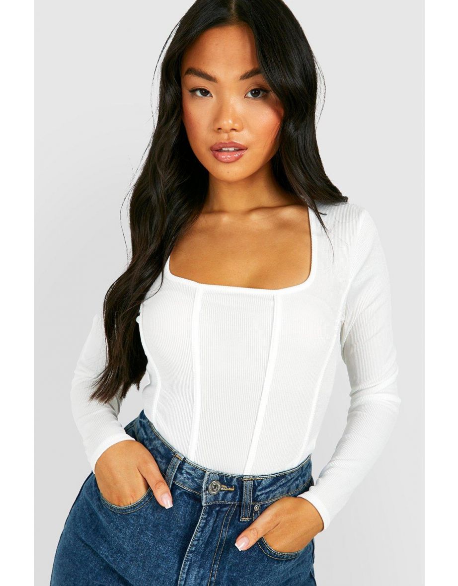 Petite Rib Corset Bodysuit - white
