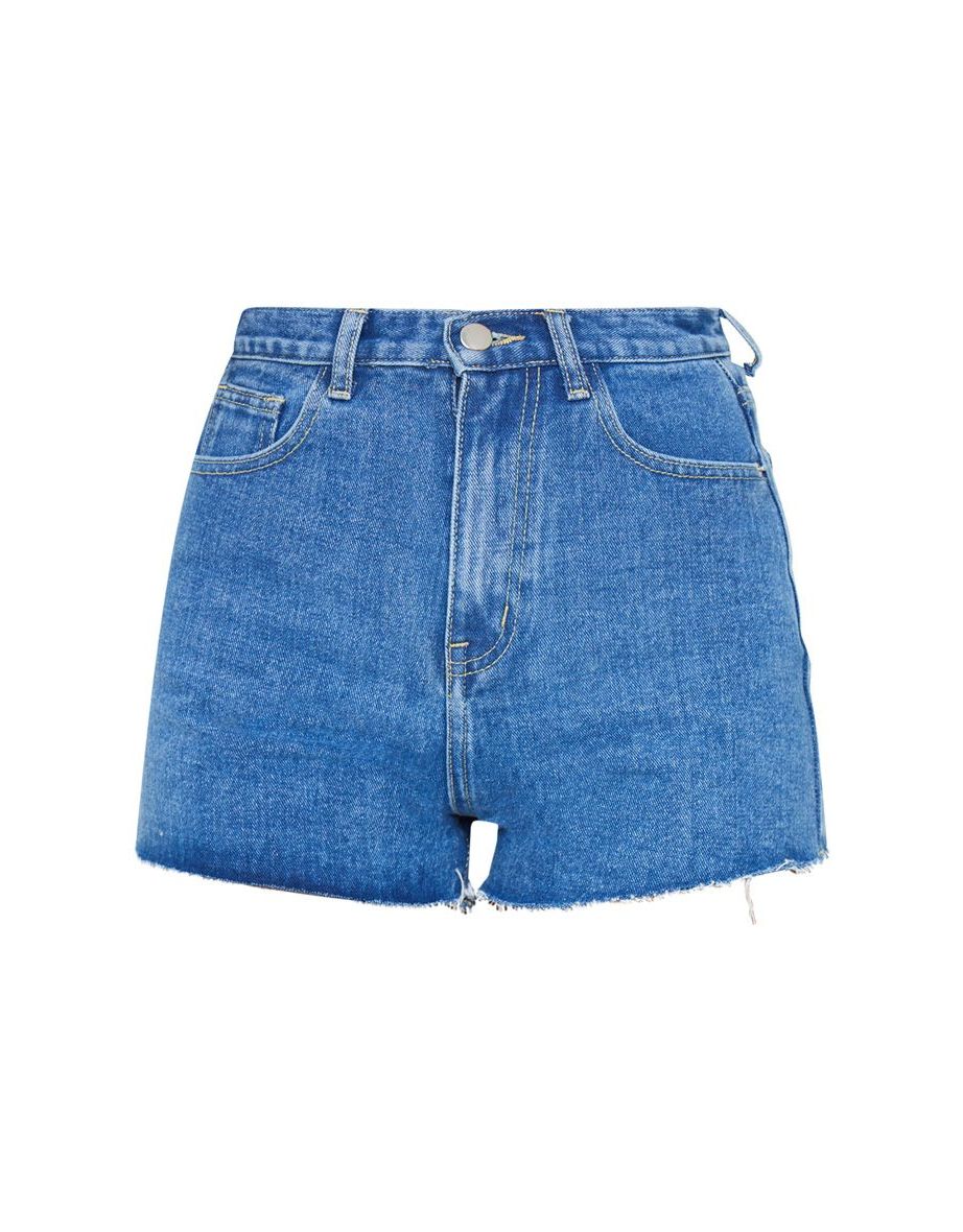PRETTYLITTLETHING Mid Blue Wash Raw Hem Hotpants - 4