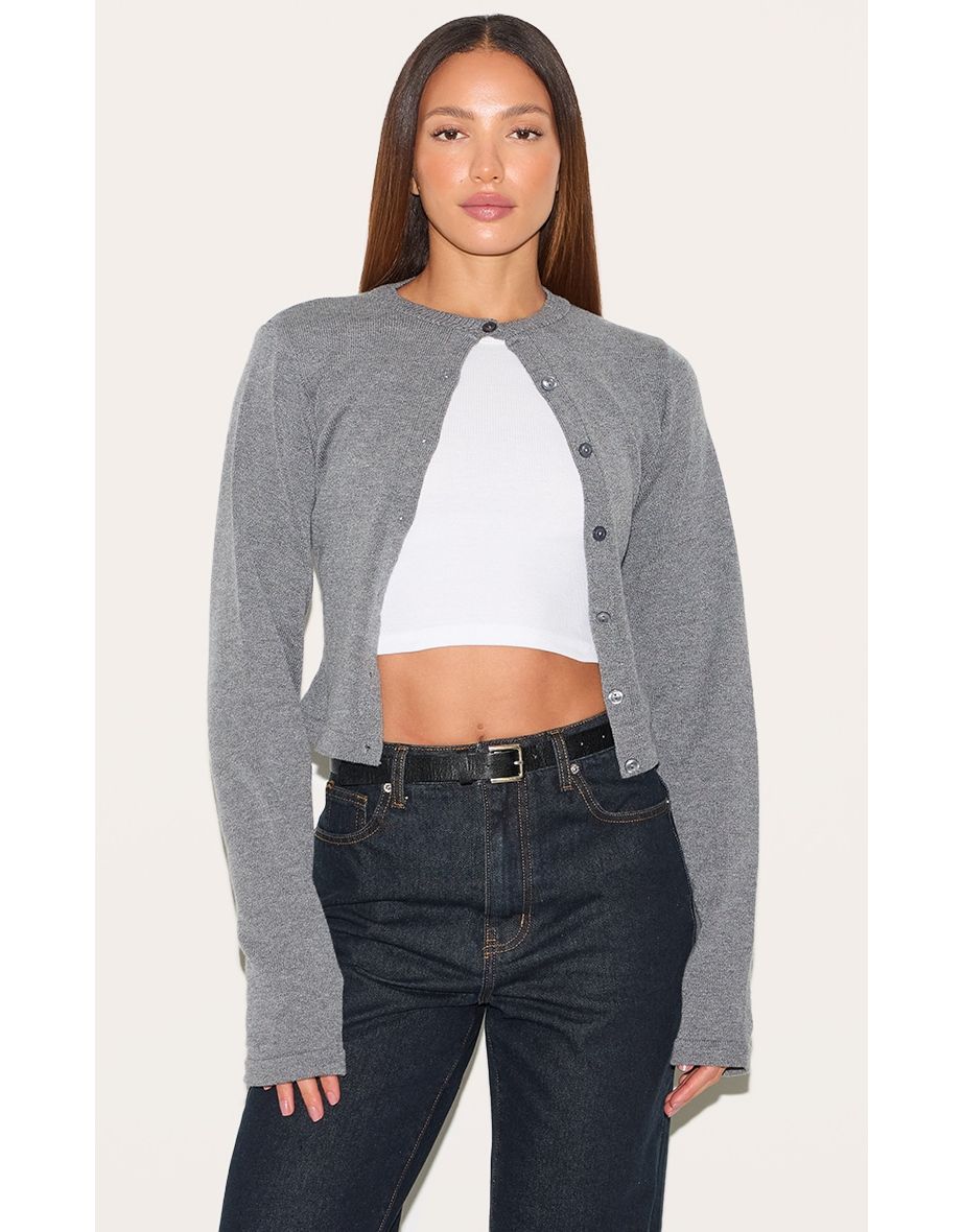 Tall Charcoal Button Up Slim Fit Knit Cardigan