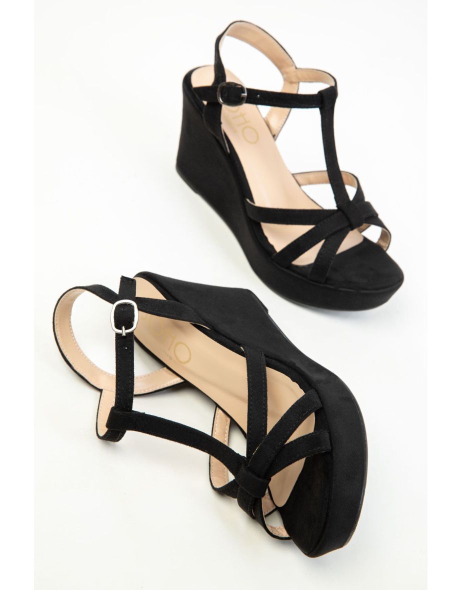 Women's Black Suede Wedge Heels Shoes - 5