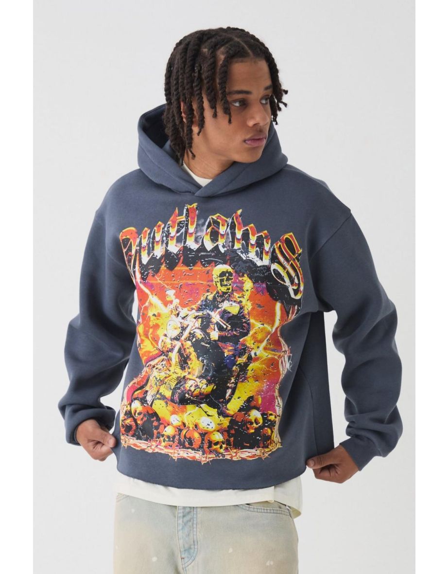 Oversized Boxy Outlaws Large Scale Graphic Hoodie - charcoal
