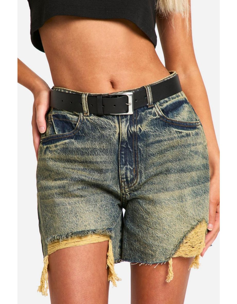 Green Tint Ripped Hem Denim Shorts - dusty green - 3