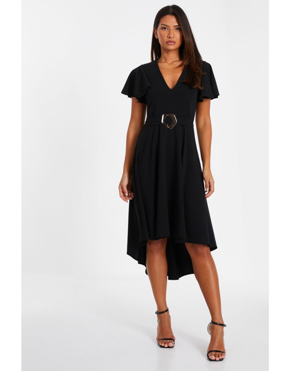Black V Neck Dip Hem Dress