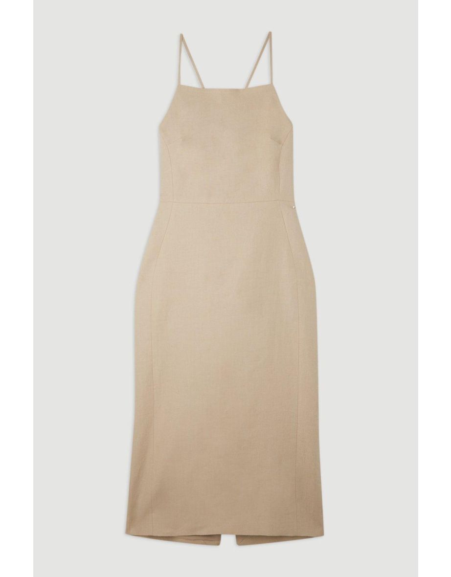 Premium Tailored Linen Corset Back Midi Pencil Dress - 3