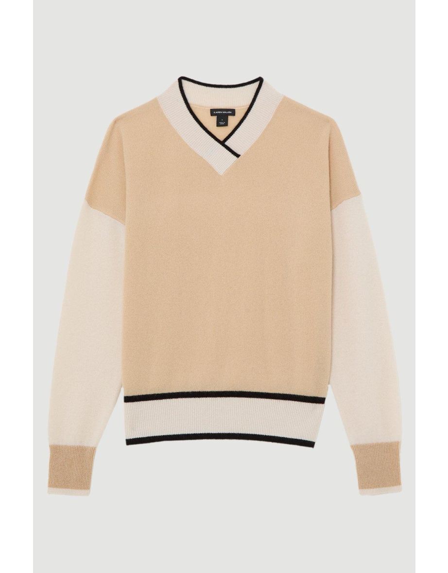 Cashmere Knitted V Neck Contrast Wrap Jumper - 3