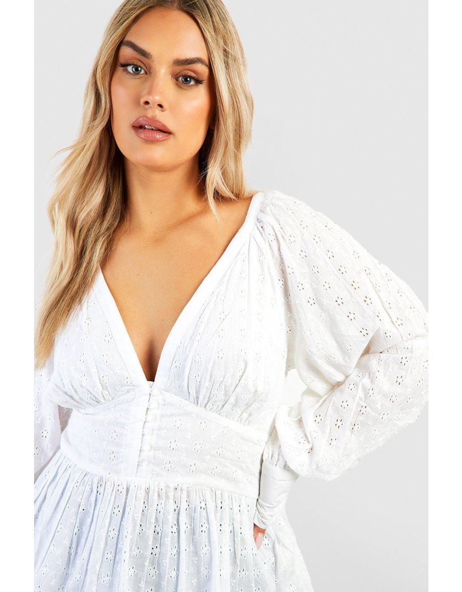 Plus Button Down Brodiere Smock Top - white - 3