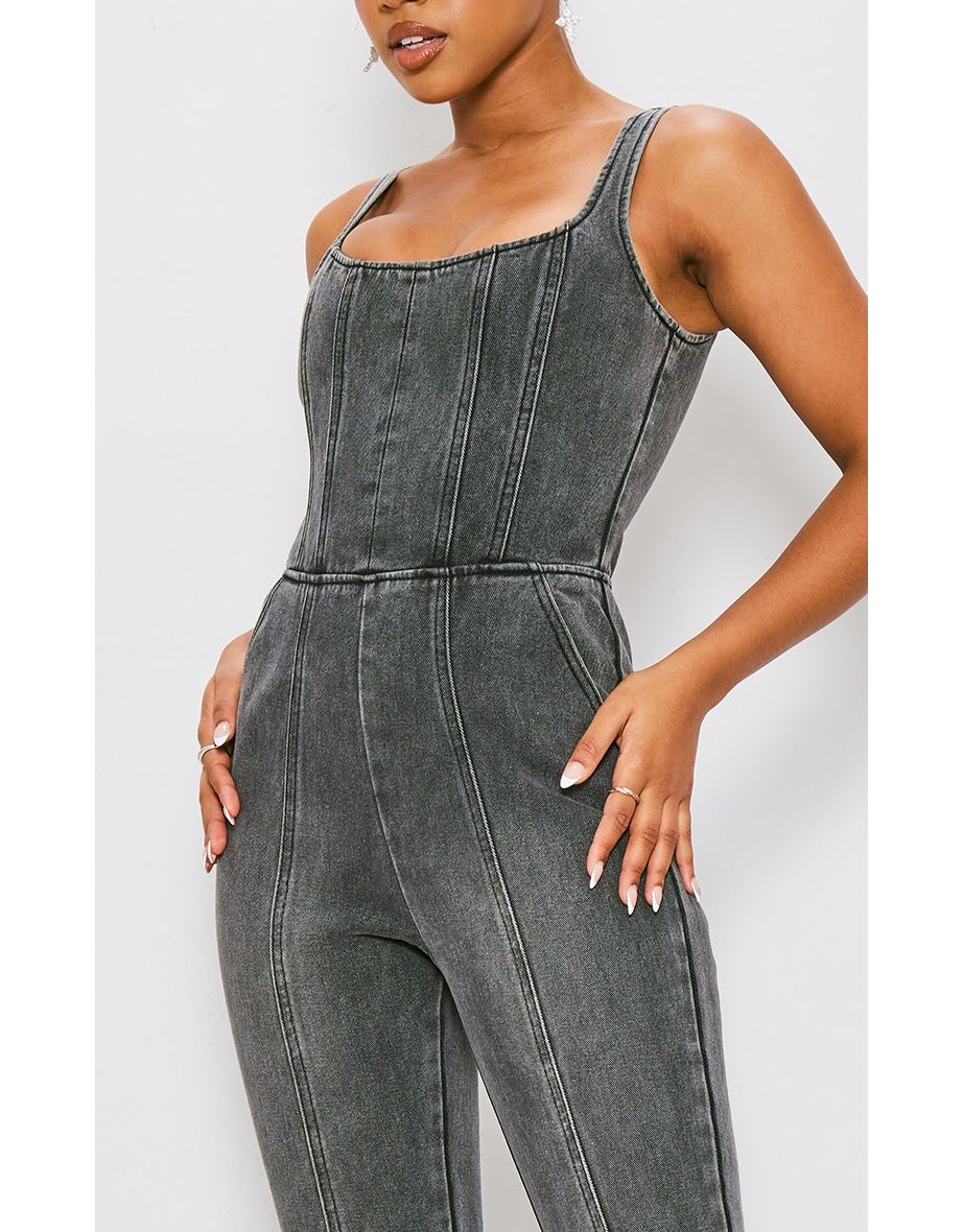 Washed Black Seam Detail Bodice Flared Denim Jumpsuit - 3