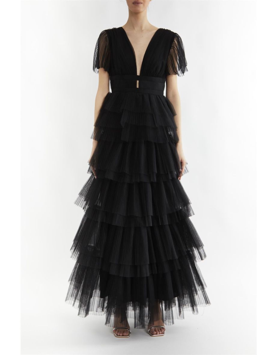 Deliza Black Plunge Front Tiered Maxi Dress