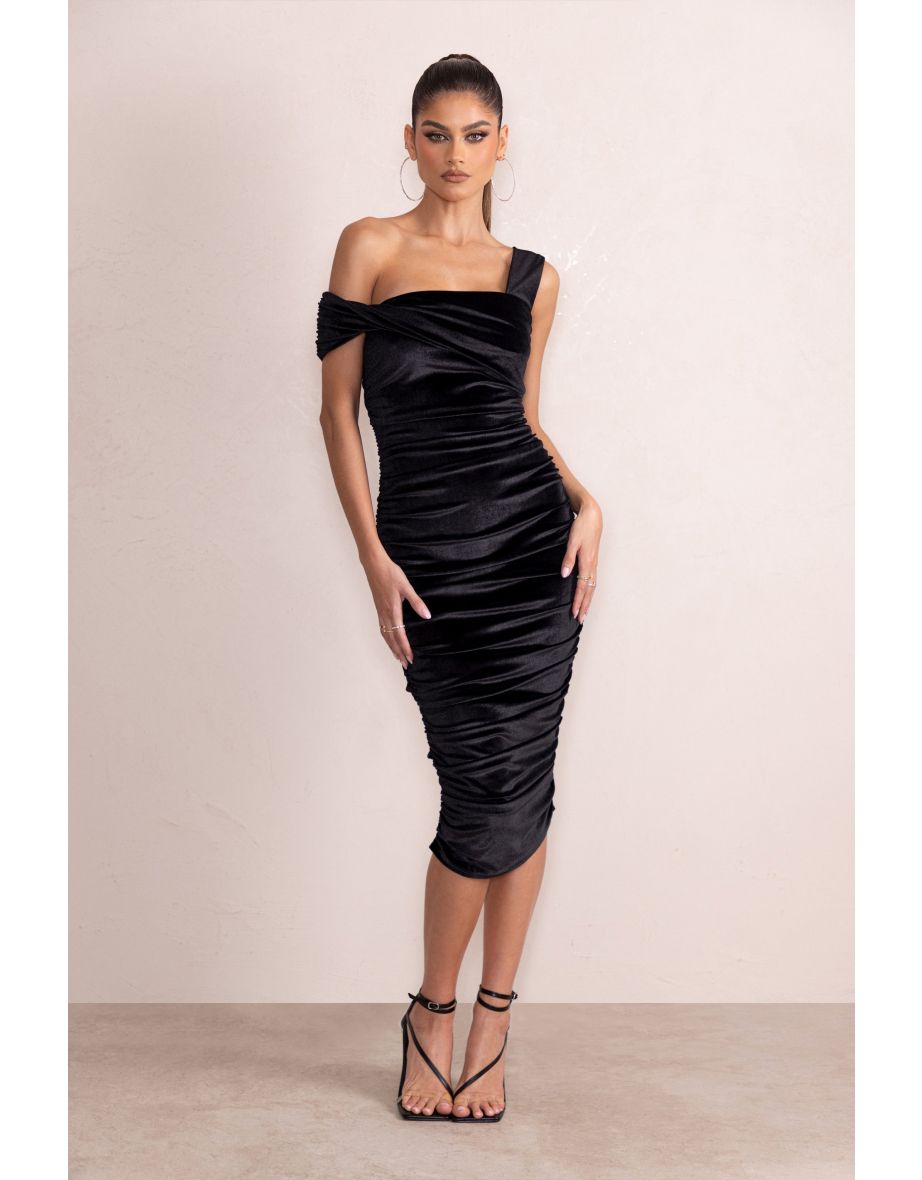 Daniela | Black Velvet One Shoulder Ruched Midi Dress - 3