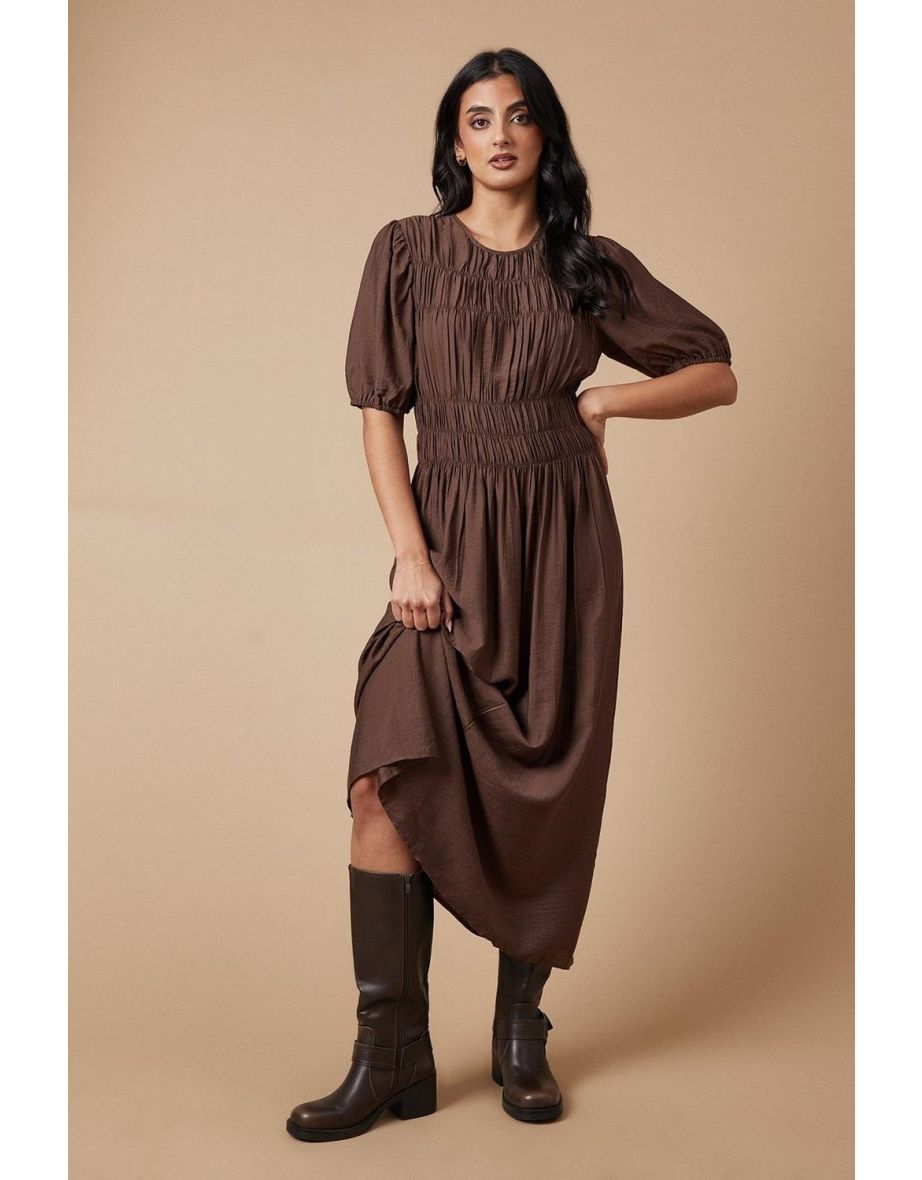 Shirred Bodice Puff Sleeve Midaxi Dress