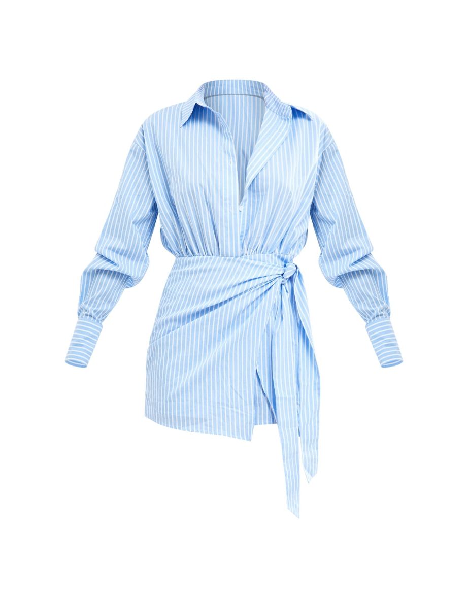 Blue Striped Tie Detail Long Sleeve Shirt Playsuit - 4