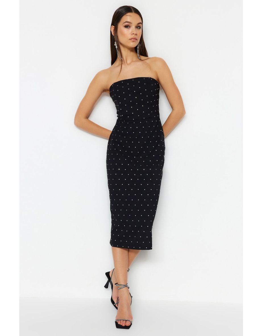 Black Strapless Bodycon Midi Dress