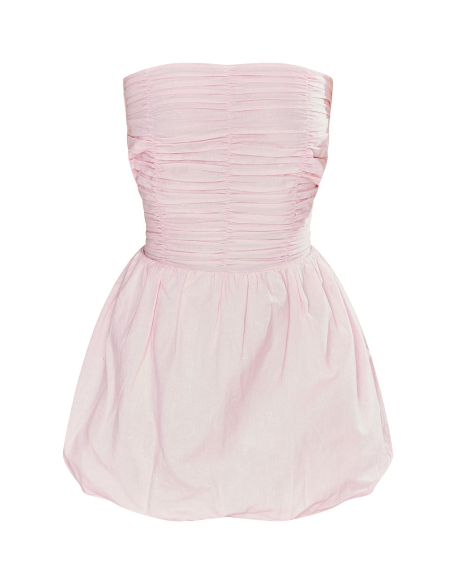 Petite Light Pink Linen Look Ruched Puffball Mini Dress - 4