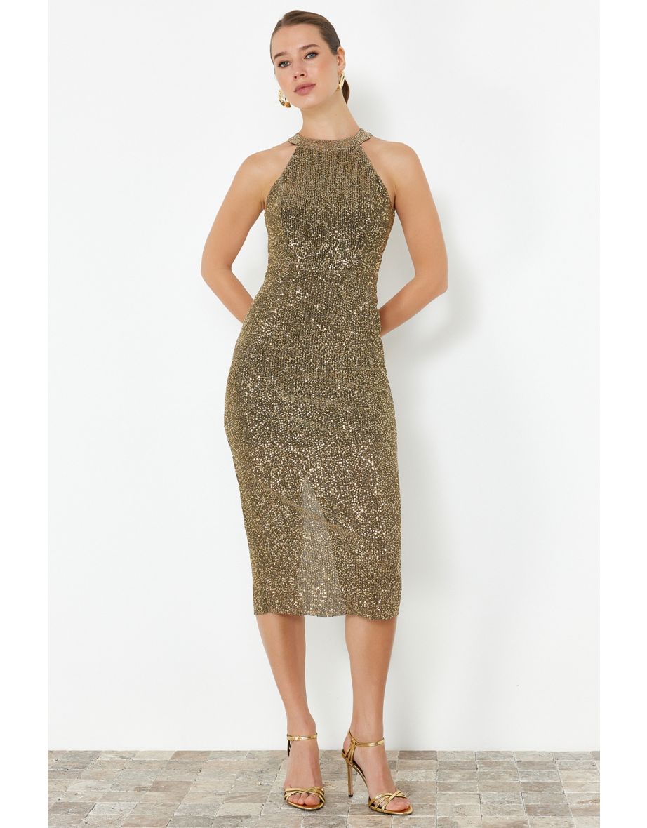 Gold Fitted Knitted Lined Shiny Sequin Elegant Evening Dress