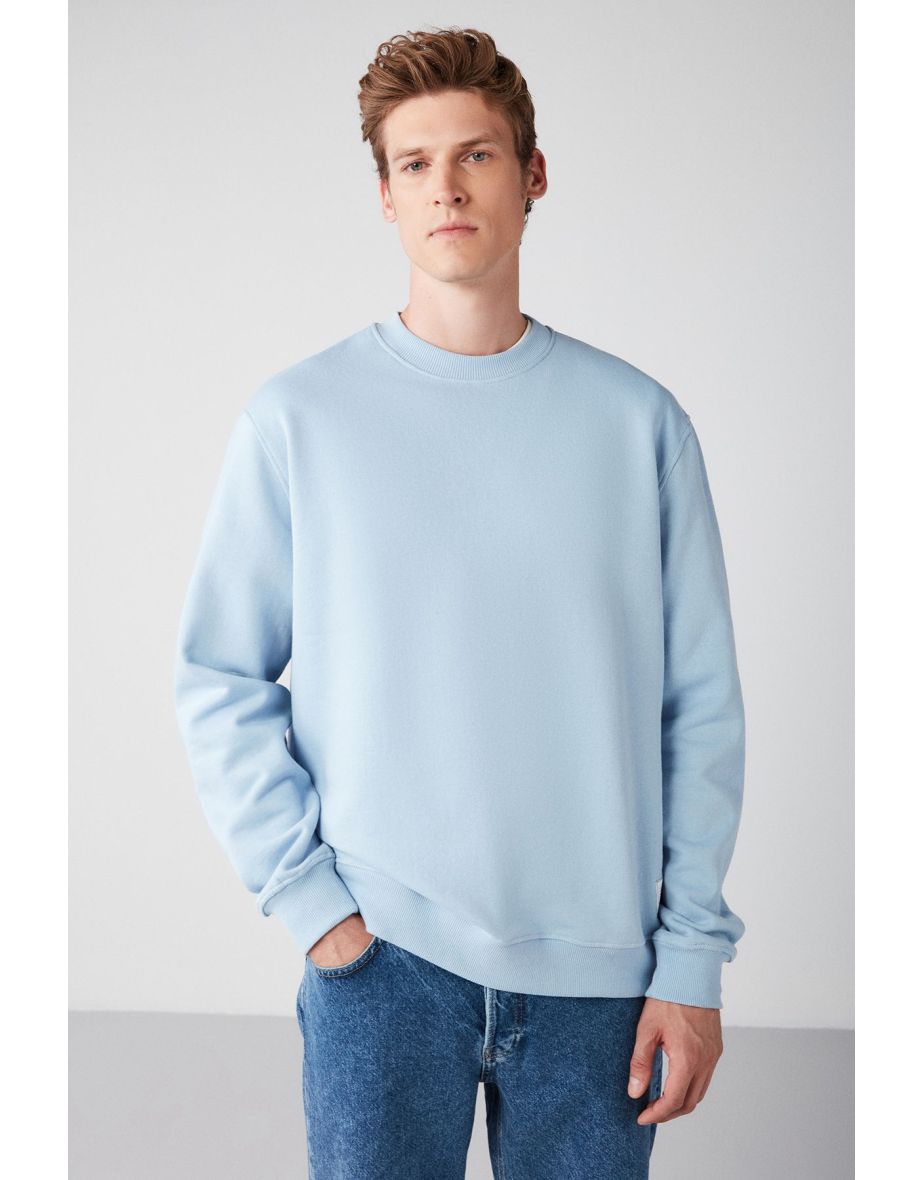 Travis Men's Organic Fabric Soft Regular Fit Round Neck Blue Sweatshirt