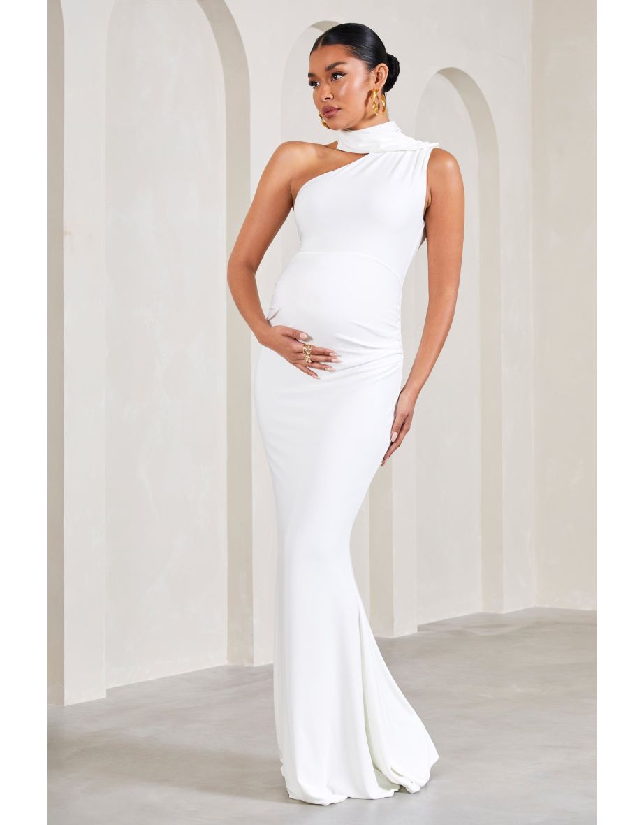 Sylvia | White Ruched Asymmetric Maternity Maxi Dress With Wrap-Collar - 4