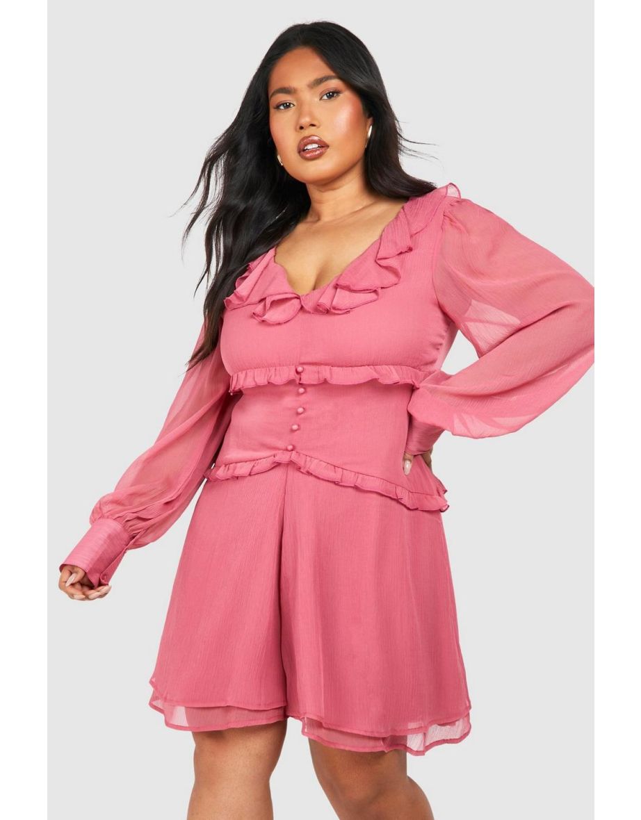Plus Woven Ruffle Detail Long Sleeve Playsuit - pink