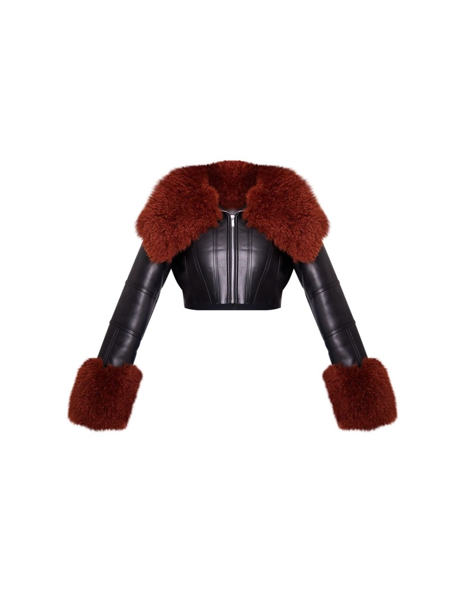 Black Corset Panelled Faux Mongolian Fur Trim Faux Leather Jacket - 4
