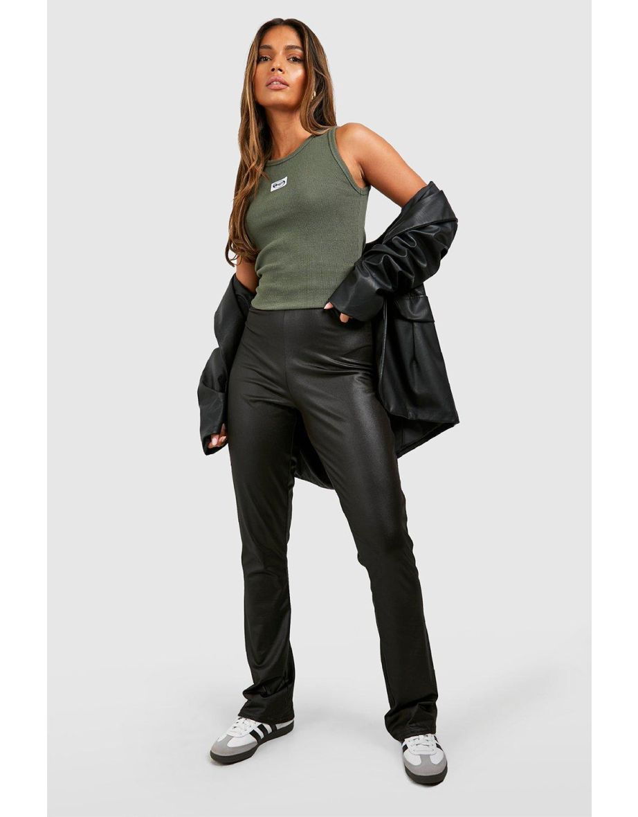 Waist Cinching Leather Look Flared Leggings - black