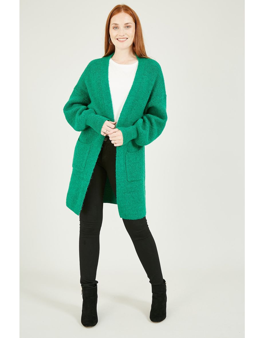 Yumi Green Knitted Long Cardigan With Pocket