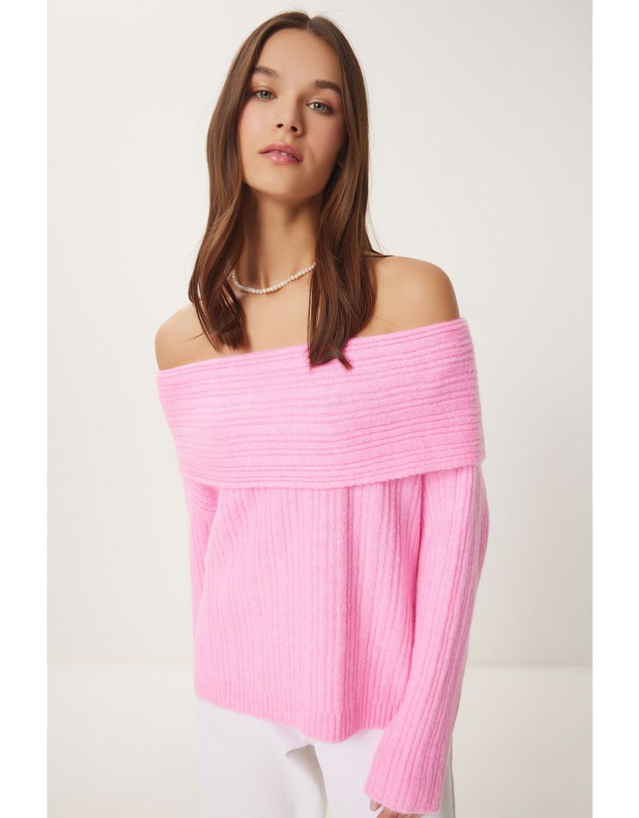 Women's Candy Pink Madonna Collar Knitwear Sweater