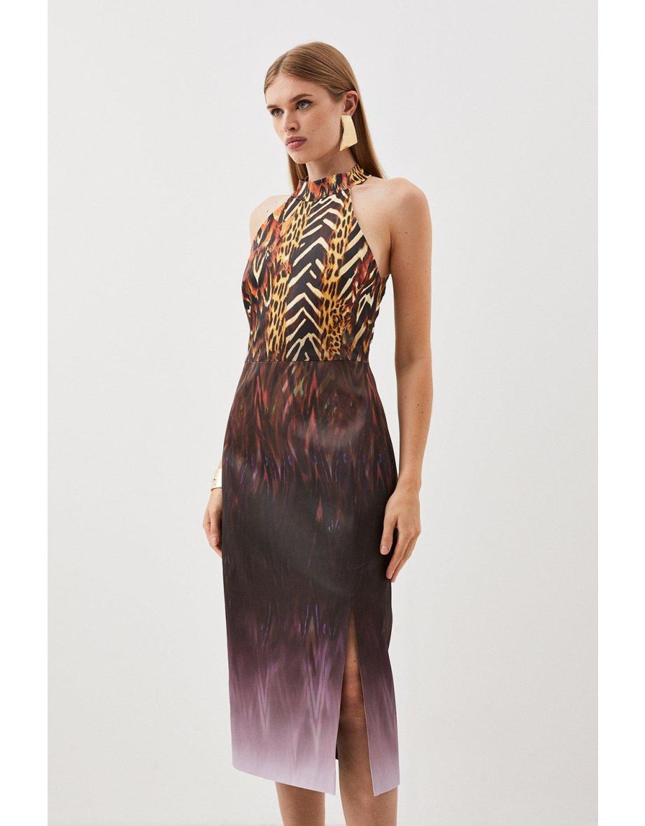 Tailored Italian Signature Stretch Ombre Feather Print Midi Dress