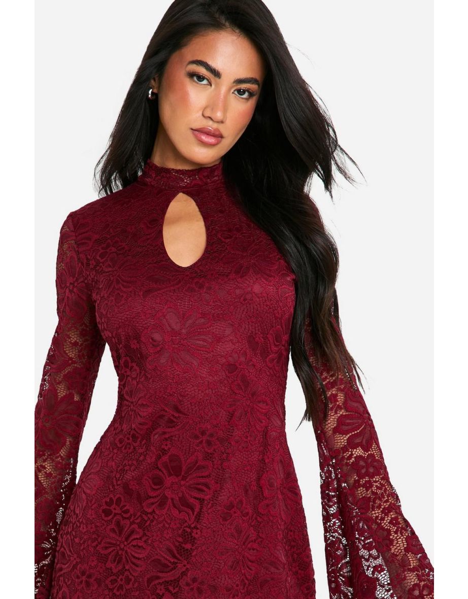 Lace Keyhole Flare Sleeve Skater Dress - plum - 3