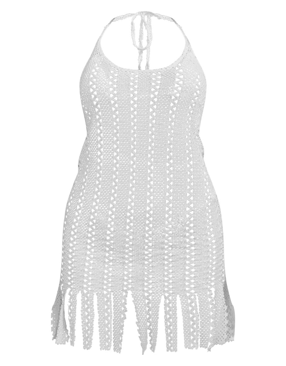 Cream Crochet Halter Neck Tassel Mini Beach Dress - 4