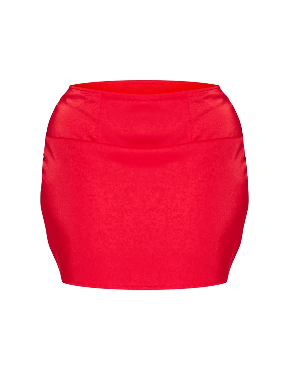 Shape Red Satin Side Split Mini Skirt - 5
