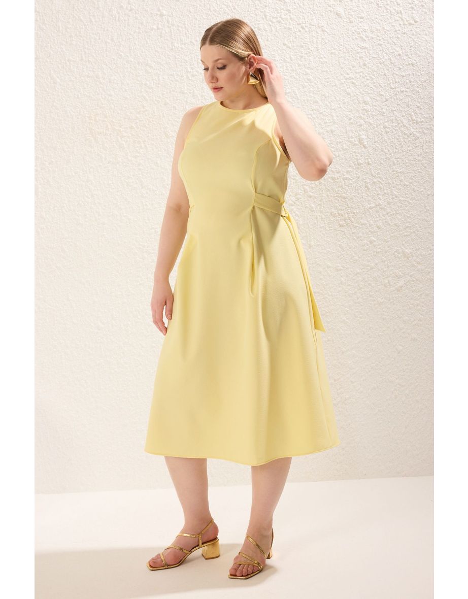 Light Yellow Waist Adjustable Accessory Midi Length Woven Plus Size Dress