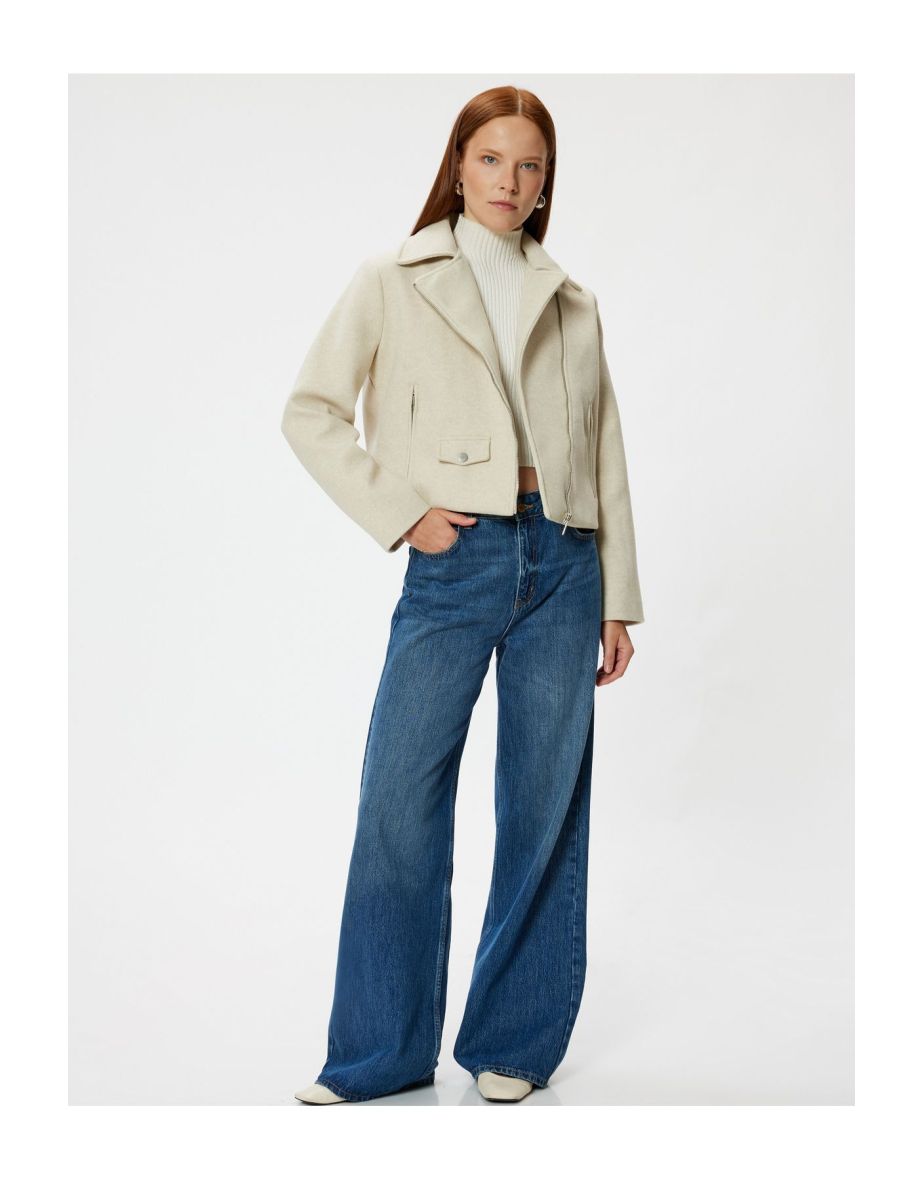 Short Biker Jacket Zipper Pocket Soft Texture