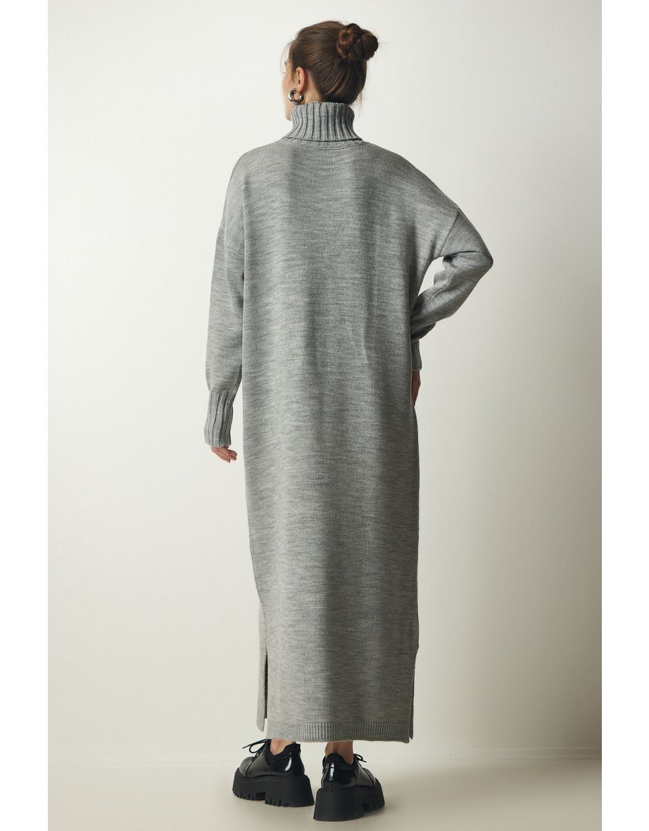 Women's Gray Turtleneck Slit Oversize Knitwear Dress - 3