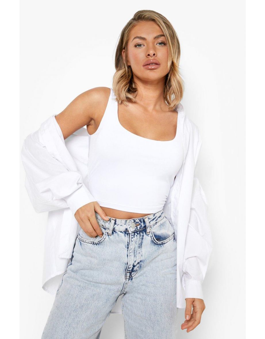 Double Layer Scoop Neck Strappy Crop Top - white