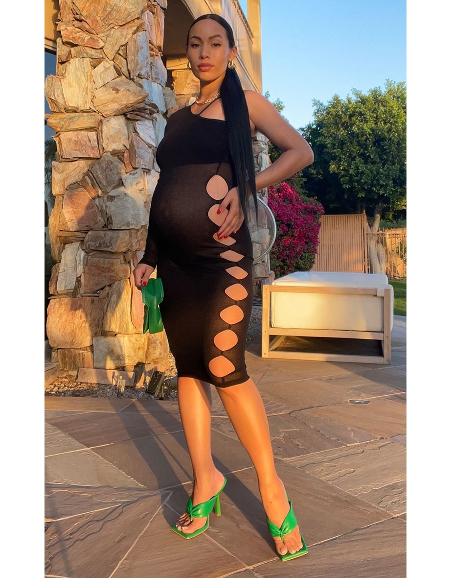 Maternity Black Sheer Knitted One Shoulder Midi Dress