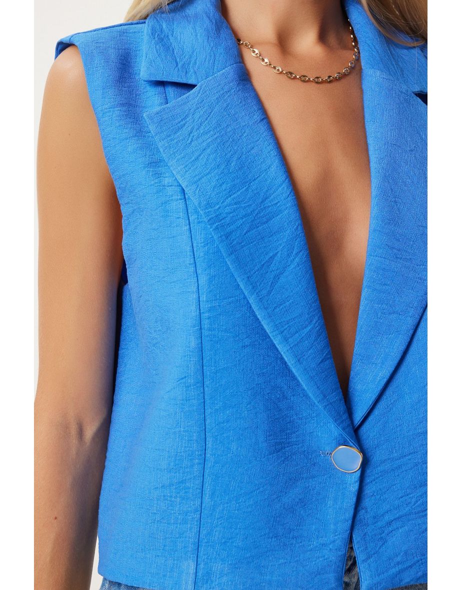 Women's Blue Buttoned Linen Vest - 3