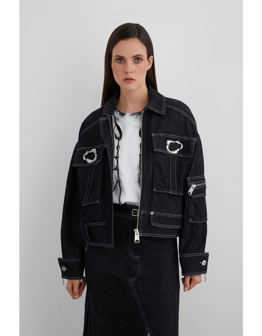 Silver Accessory Detail Zippered Wide Pocket Jacket