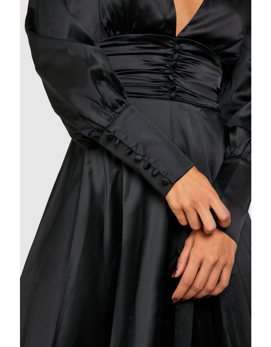 Satin Plunge Ruched Waist Midi Dress - black - 3